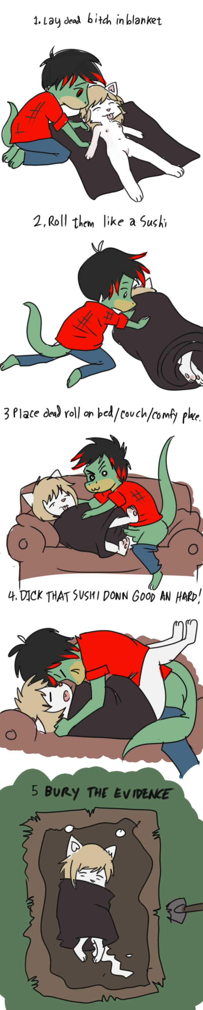 anthro bedding blanket chibi death female female_death genitals male male/female necrophilia penetration penis profanity pussy roll sex text vaginal vaginal_penetration anonymous_artist shin_chan icarus_aresane lizard reptile scalie absurd_res comic english_text hi_res long_image tall_image