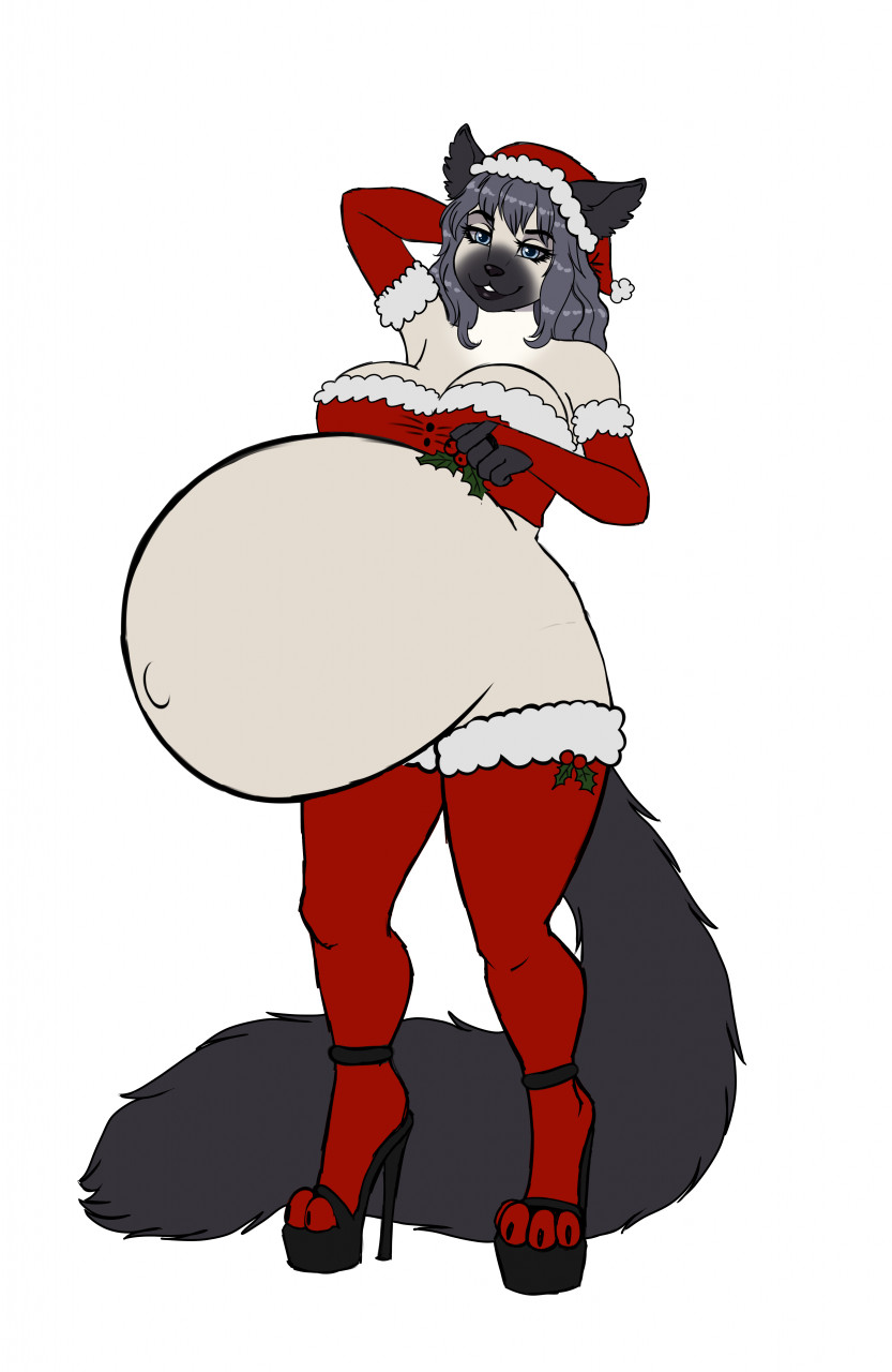 anthro armwear belly big_belly black_lips black_nose blue_eyes christmas_clothing christmas_headwear clothed clothing female fur grey_body grey_fur grey_hair hair hat headgear headwear holidays huge_belly legwear lips pregnant pregnant_anthro pregnant_female red_armwear red_clothing red_hat red_headwear red_legwear red_topwear santa_hat simple_background solo standing topwear white_background white_body white_fur milk-jug christmas felid mammal hi_res