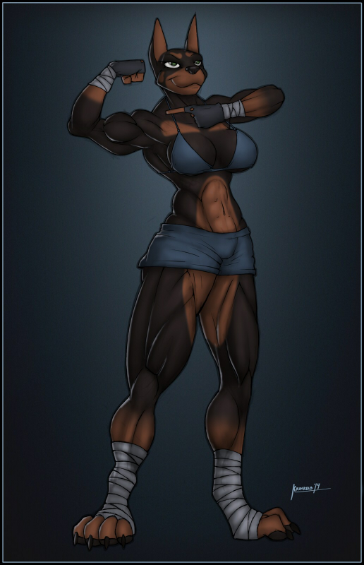 4_toes abs anthro athletic_wear bandage barefoot biceps big_breasts big_muscles bikini bikini_top biped black_body black_fur black_nose bottomwear breasts brown_body brown_fur claws clothed clothing feet female fingerless_gloves front_view fur gloves gradient_background green_eyes grey_background gym_bottomwear gym_shorts hand_wraps handwear inviting leg_wraps multicolored_body multicolored_fur muscular muscular_anthro muscular_female naughty_face navel paws pointy_ears pose prick_ears shorts simple_background skimpy smile solo standing swimming_trunks swimwear toes triangle_bikini two-piece_swimsuit two_tone_body two_tone_fur wraps krinkels dobie canid canine canis dobermann domestic_dog mammal pinscher 2014 pinup signature