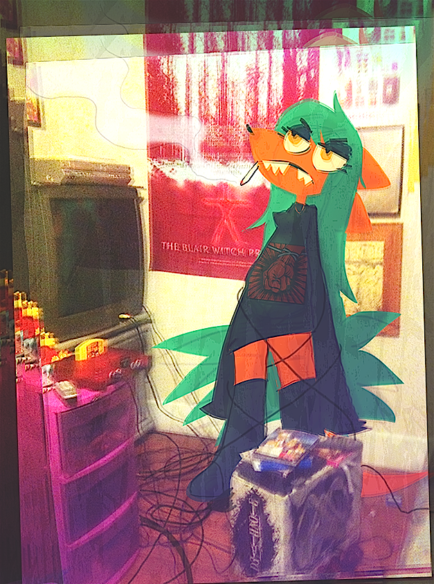 alternative_fashion anthro boots bottomwear cable clothing controller cord cords crt dress drugs electronics eyelashes female footwear fur game_cartridge game_console game_media glitch goth green_hair hair half-closed_eyes long_hair marijuana movie_poster n64_cartridge n64_console narrowed_eyes nintendo_console orange_body orange_fur poster rca_connector remote_control sharp_teeth shoes smoking solo standing storage_media teeth television text topwear tv_remote wire yellow_eyes cate_wurtz third-party_edit death_note donkey_kong_(series) donkey_kong_64 metallica nintendo nintendo_64 the_blair_witch_project vhs lenore_(lamezone) mammal unknown_species photo_manipulation