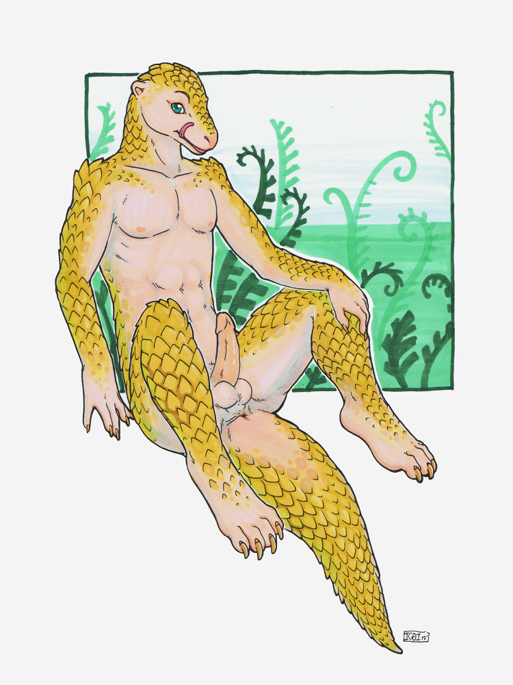 4_toes 5_fingers abs abstract_background anthro anus athletic athletic_anthro athletic_male balls biped claws collarbone countershade_arms countershade_face countershade_legs countershade_tail countershade_torso countershading erection feet fern fingers genitals glans green_eyes hand_on_leg humanoid_genitalia humanoid_hands humanoid_penis licking licking_lips licking_own_lips looking_at_viewer male nipples nude outline pecs penis pink_nipples pink_tongue plant reclining scales self_lick simple_background sitting snout solo tail tail_anus tan_anus tan_balls tan_body tan_countershading tan_glans tan_penis tan_skin tan_tail toe_claws toes tongue tongue_out two_tone_tail vines white_background yellow_body yellow_claws yellow_scales yellow_tail iggi mammal pangolin 2012 3:4 full-length_portrait marker_(artwork) portrait traditional_media_(artwork)
