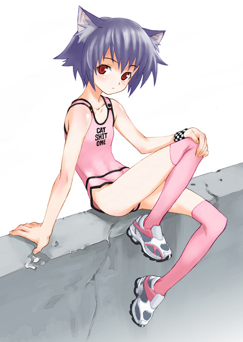 checkered checkered_clothing checkered_wristband clothing concrete_wall female footwear hair legwear over-kneehighs pattern_clothing pattern_wristband pink_clothing pink_legwear pink_swimwear purple_hair red_eyes shoes short_hair simple_background sitting slim sneakers solo swimwear text thigh_highs wall_(structure) white_background matsuryu matsuryuu cat_shit_one animal_humanoid cat_humanoid felid felid_humanoid feline feline_humanoid humanoid mammal mammal_humanoid english_text