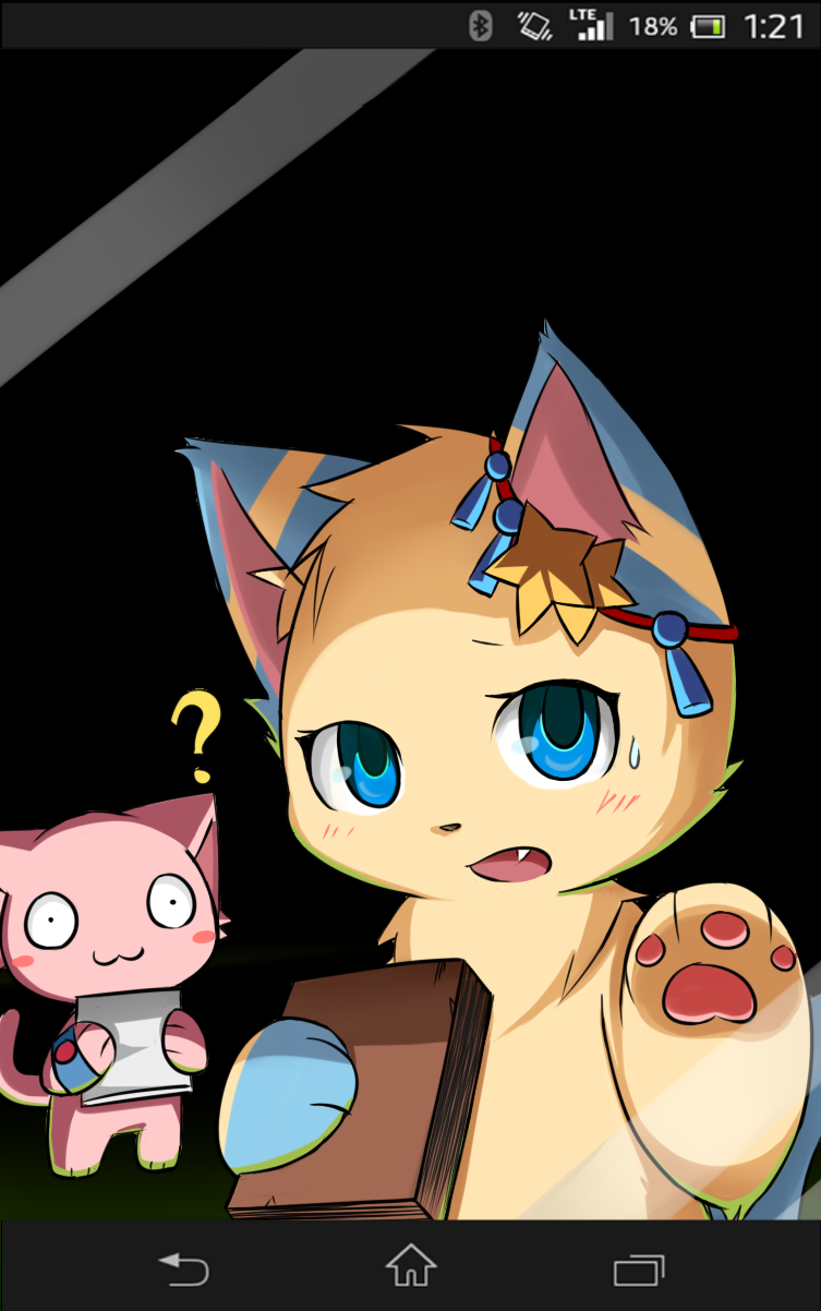 blue_eyes blush bodily_fluids clothing cute_fangs duo fangs fur headgear headwear pawpads pink_body pink_fur question_mark sweat teeth whywhyouo dnaxcat domestic_cat felid feline felis mammal 2014 hi_res