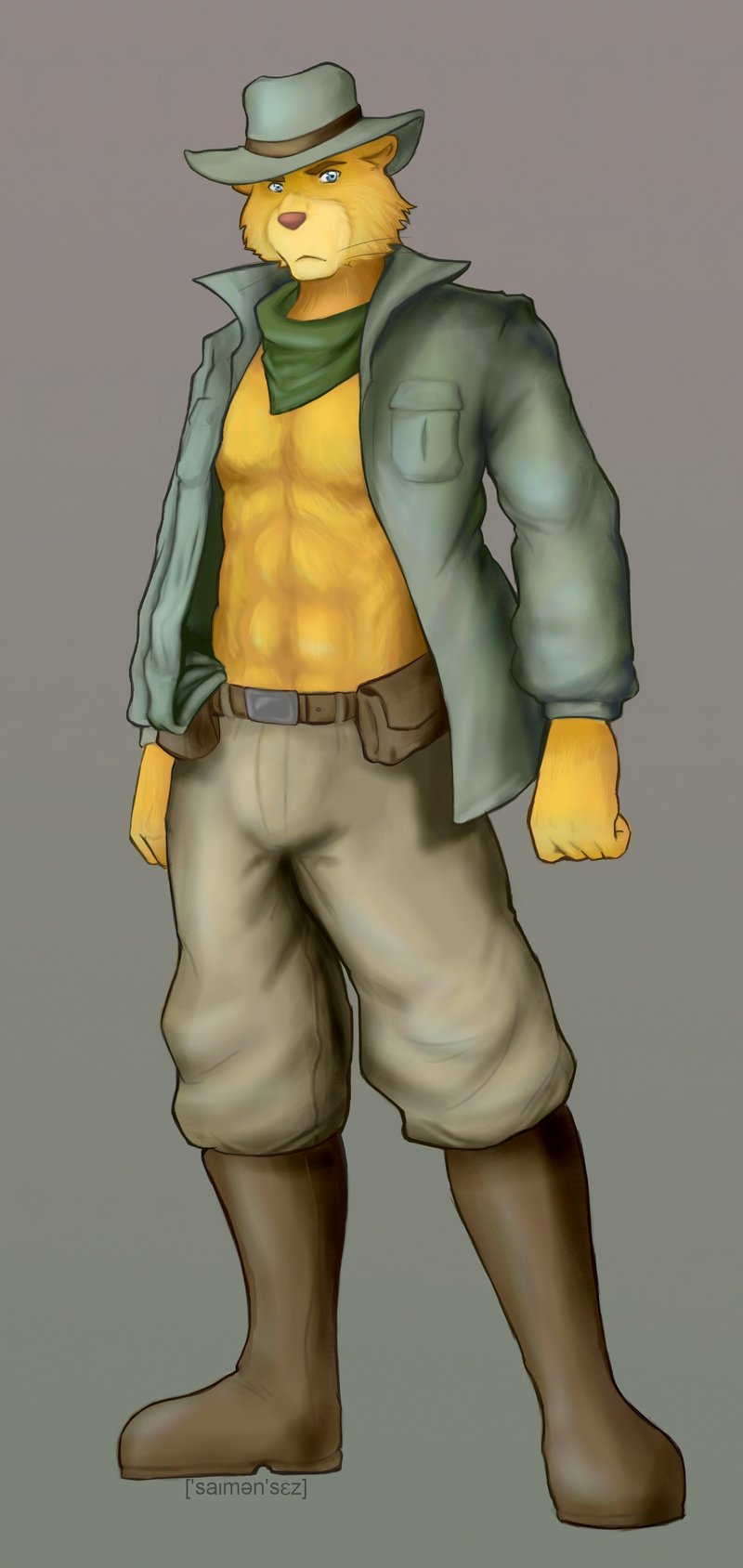 abs anthro archaeologist_hat blue_eyes boots clothing footwear fur hat headgear headwear male pink_nose shoes solo yellow_body yellow_fur saimen montana_jones montana_jones_(character) felid mammal hi_res