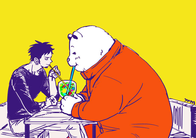 anthro biped blush bottomwear clothing drinking duo eyes_closed humanoid_hands male overweight overweight_male pants shirt sitting tattoo topwear beeprlae16 one_piece bepo_(one_piece) trafalgar_law bear human mammal minkmen_(one_piece) polar_bear ursine 2020