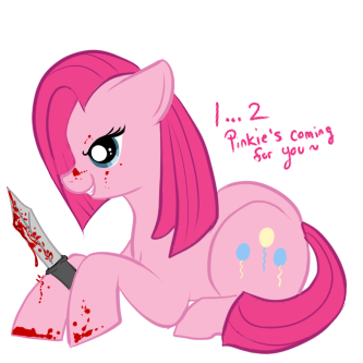 blood bodily_fluids cutie_mark dialogue female feral fur insane knife pink_body pink_fur playful quadruped simple_background smile solo tail text white_background lulubell cupcakes_(mlp_fanfic) friendship_is_magic hasbro my_little_pony pinkamena_(mlp) pinkie_pie_(mlp) earth_pony equid equine horse mammal pony 1:1 english_text low_res