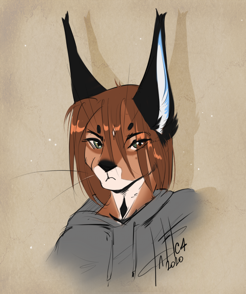 anthro brown_body brown_fur brown_hair clothed clothing eyebrows eyelashes female fur hair solo dafka bufl_(dafka) caracal caracal_(genus) felid feline mammal 2020 digital_media_(artwork)