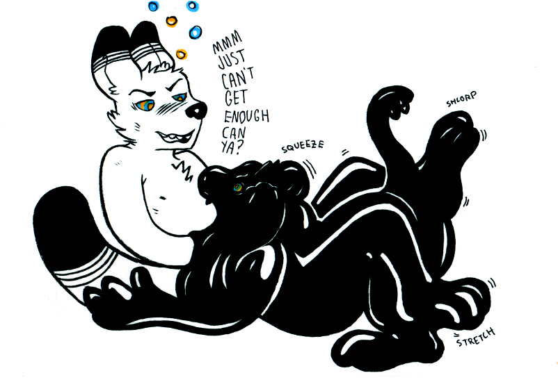 anthro assimilation duo hypnosis latex mind_control possession simple_background spiral_eyes text transformation white_background hottapwater flir_(panther) felid goo_creature latex_creature living_latex mammal pantherine unknown_species english_text