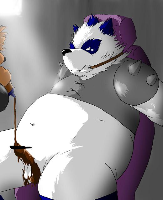 anthro balls black_nose blue_body blue_fur bound brown_body brown_fur candy chair chocolate dessert duo erection food fur furniture genitals humanoid_hands kemono male navel overweight overweight_male penis sitting solo_focus white_body white_fur hasukichi bemani konami pop'n_music pandeth_(pop'n_music) bear giant_panda mammal 2010