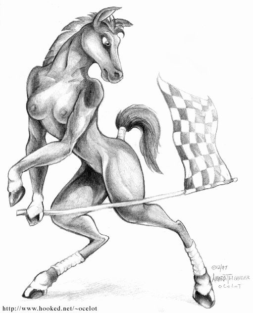 anthro breasts checkered checkered_flag clothing female hair hooves legwear mane solo tail thick_thighs amara_telgemeier equid equine horse mammal 1997 black_and_white monochrome