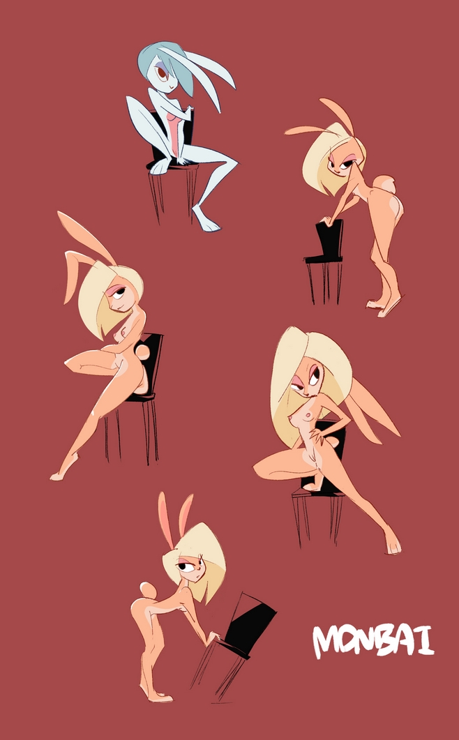 3_toes anthro black_eyes blonde_hair breasts chair eyelashes feet female fur furniture grey_hair hair long_legs looking_at_viewer multiple_poses nude pose red_background red_eyes retro short_hair simple_background solo stylized tan_body tan_fur toes white_body white_fur monbai ginny tiara_wineheart hare lagomorph leporid mammal rabbit digital_media_(artwork) signature