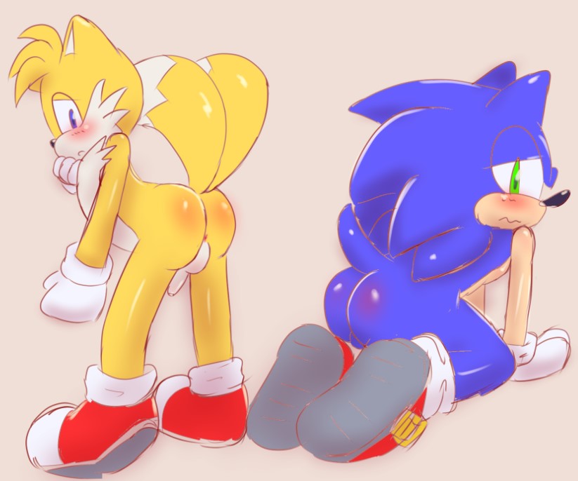 all_fours anus balls blush body_blush butt butt_blush clothing duo embarrassed footwear genitals half-closed_eyes kneeling male male/male narrowed_eyes presenting presenting_hindquarters shoes onechan sega sonic_the_hedgehog_(series) miles_prower sonic_the_hedgehog