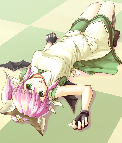 bat_wings checkered checkered_floor clothed clothing female fingerless_gloves gloves green_eyes hair handwear lying membrane_(anatomy) membranous_wings on_back pink_hair ponytail solo tongue tongue_out wings akiyama_nenehisa pangya animal_humanoid cat_humanoid felid felid_humanoid feline feline_humanoid humanoid mammal mammal_humanoid erika_(disambiguation) digital_media_(artwork)