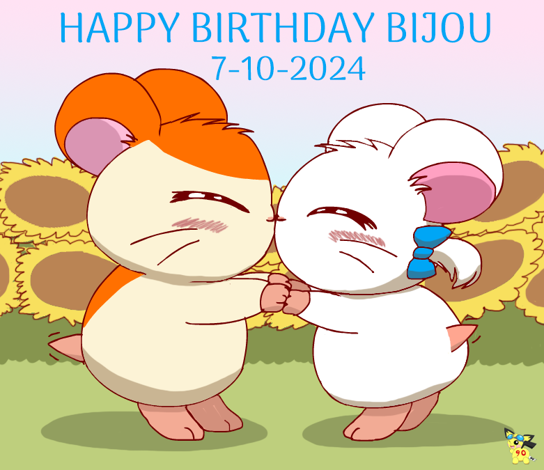 blue_bow blush bow_ribbon duo eyes_closed female feral flower fur hand_holding happy_birthday kissing logo male male/female nose_to_nose orange_body orange_fur plant sunflower text white_body white_fur pichu90 hamtaro_(series) bijou_(hamtaro) hamtaro cricetid hamster mammal rodent 2024 artist_logo dated english_text