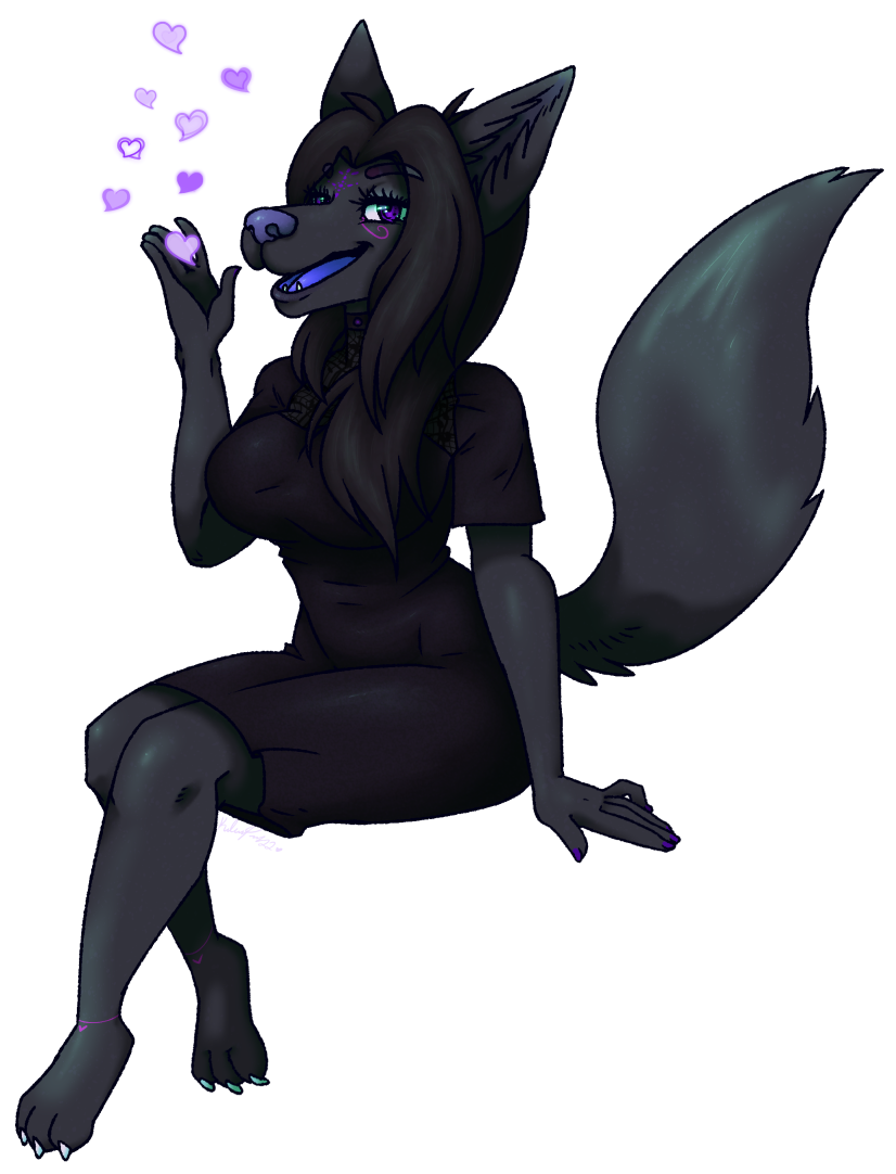 anthro barefoot big_breasts breasts clothed clothing dress feet female fur hair heart_symbol looking_at_viewer open_mouth simple_background smile solo tongue transparent_background queenkami canid canine canis mammal wolf alpha_channel digital_media_(artwork)