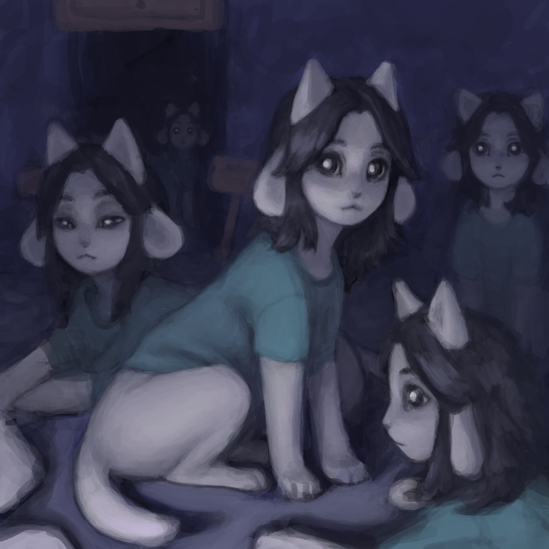 ambiguous_gender clothed clothing creepy dark feral fur group hair looking_at_viewer nightmare_fuel shirt topwear white_body white_fur cherrvak undertale undertale_(series) temmie_(undertale) felid mammal tem 1:1 digital_media_(artwork)