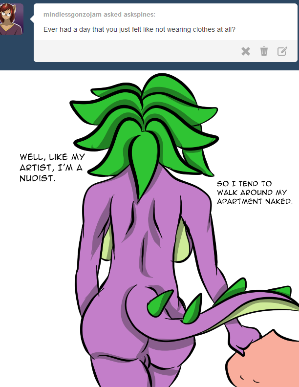 anthro anthrofied ask_blog back_boob big_breasts big_butt breasts butt casual_nudity crossgender dialogue female genitals green_body green_hair green_scales hair holding_object multicolored_body multicolored_scales non-mammal_breasts nude nudist purple_body purple_scales pussy rear_view scales simple_background slim solo strutting tail text walking white_background inuyuru friendship_is_magic hasbro my_little_pony mythology tumblr spike_(mlp) dragon mythological_creature mythological_scalie scalie english_text