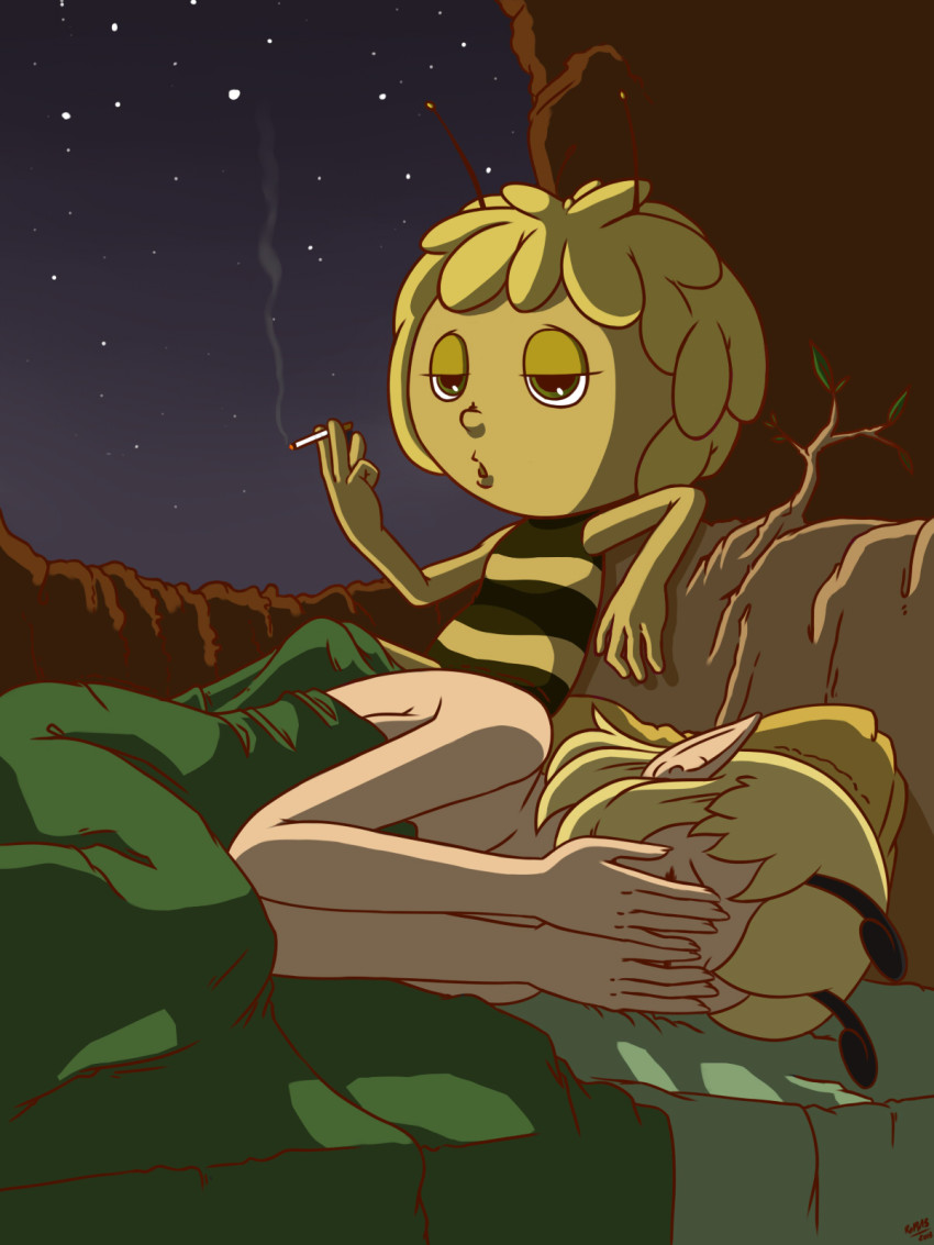 antennae_(anatomy) anthro blonde_hair cigarette covering covering_face duo female female/female hair holding_cigarette holding_object humanoid_pointy_ears pointy_ears smoke smoking star raph13th bondage_fairies maya_the_bee_(series) maya_the_bee pfil arthropod bee fairy hymenopteran insect 2023 better_version_at_source digital_media_(artwork)