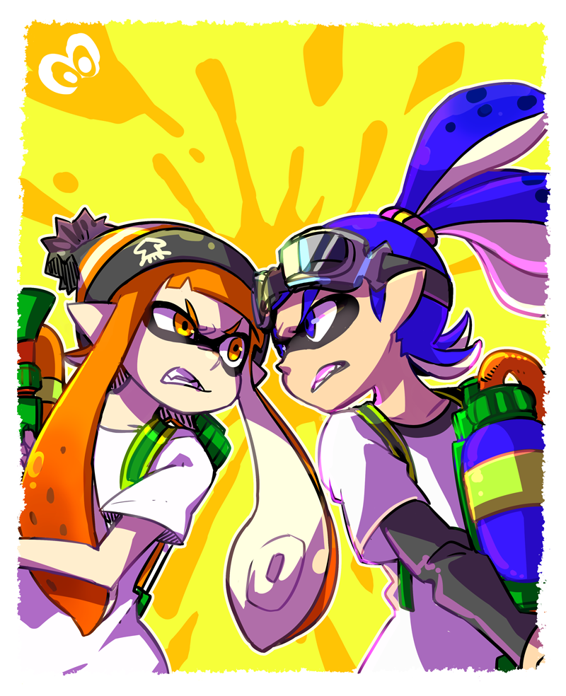 angry backpack blue_eyes blue_hair clothing duo eyemask eyewear female goggles gun hair hat headgear headwear humanoid_pointy_ears ink_tank_(splatoon) long_hair male mask orange_eyes orange_hair pointy_ears pseudo_hair ranged_weapon splattershot suction_cup teeth tentacle_hair tentacles weapon 園ヨード nintendo splatoon inkling_boy inkling_girl john_(splatoon) kaori_(splatoon) animal_humanoid cephalopod cephalopod_humanoid humanoid inkling marine marine_humanoid mollusk mollusk_humanoid