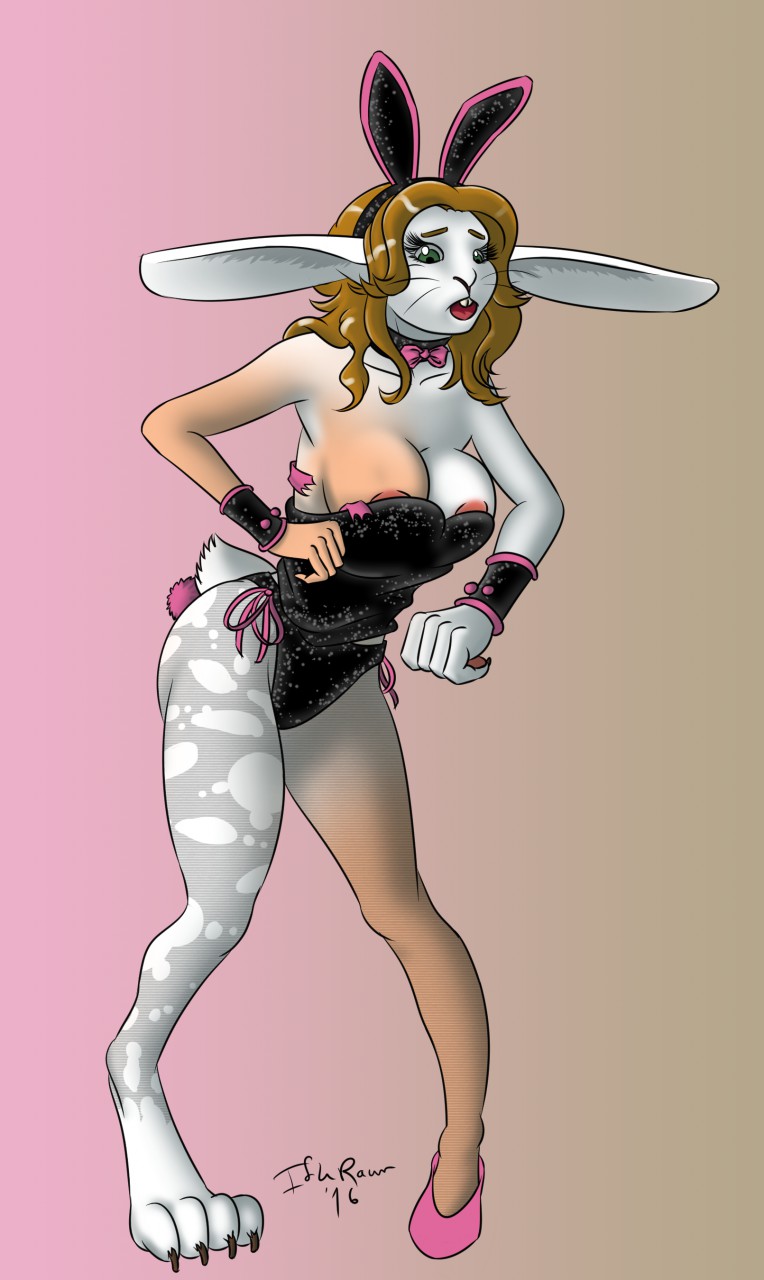 anthro areola breasts brown_hair bunny_costume choker clothing costume fake_ears fake_rabbit_ears female green_eyes hair human_to_anthro ironic_fake_ears jewelry necklace open_mouth pigeon_toed ribbons simple_background solo species_transformation standing transformation idlerawr lagomorph leporid mammal rabbit 2016 hi_res