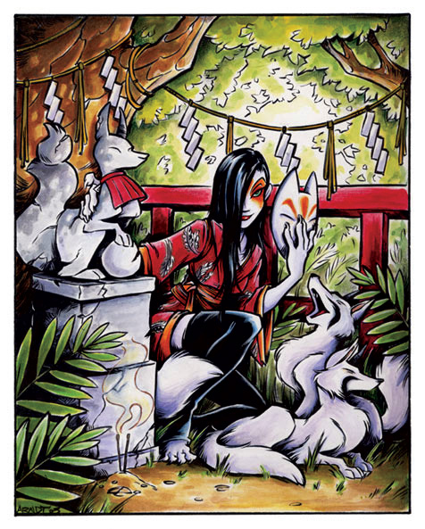asian_clothing clothing duo east_asian_clothing female feral implied_transformation japan japanese_clothing kimono mask religion shide shimenawa tail torii kim_arndt shinto canid canine deity fox human mammal 2004