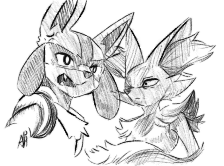 ambiguous_gender annoyed assimilation duo aph_(artist) nintendo pokemon braixen generation_4_pokemon generation_6_pokemon lucario parasyte pokemon_(species) monochrome