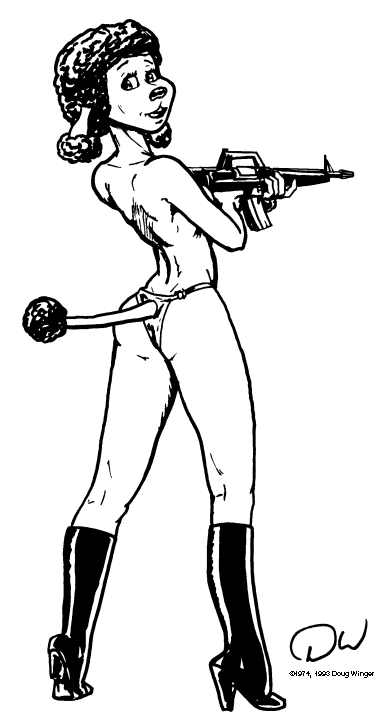 anthro boots butt clothed clothing female footwear gun high_heeled_boots high_heels looking_at_viewer ranged_weapon shoes solo topless weapon doug_winger canid canine canis domestic_dog mammal poodle 1974 1993 20th_century ancient_art monochrome