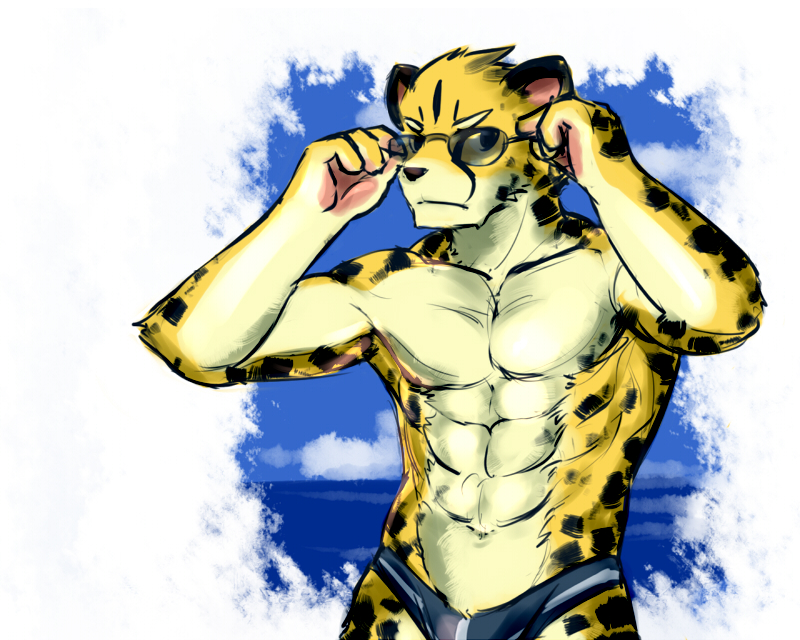 4_fingers abs anthro black_body black_fur clothed clothing eyewear fingers front_view frown fur looking_at_viewer male muscular muscular_anthro muscular_male skimpy solo speedo spots sunglasses swimwear topless yellow_body yellow_fur ainro cheetah felid feline mammal 5:4