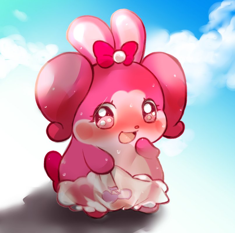 anthro biped blush clothing female fur genitals panties pink_body pink_eyes pink_fur pussy ribbons semi-anthro sky skyscape solo translucent translucent_clothing translucent_panties translucent_underwear underwear wet kigekigahou himitsu_no_cocotama hirake!_cocotama ribbon_(cocotama) cocotama mammal