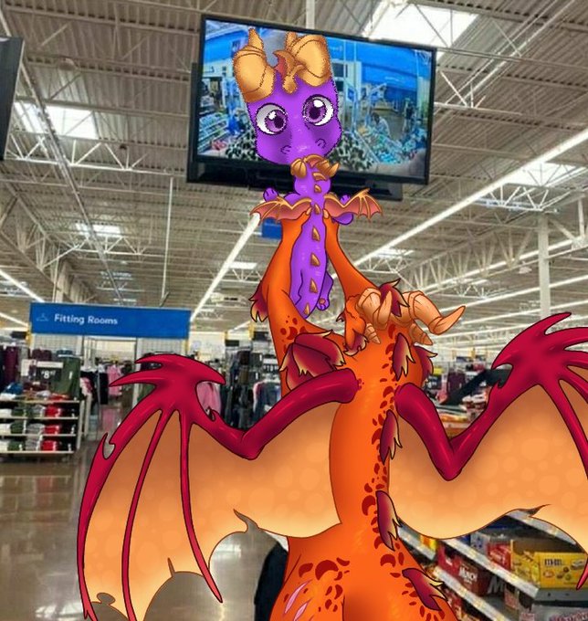 anthro duo feral horn larger_male lifting lifting_another male purple_body red_body size_difference smaller_male store supermarket tail wings certified_dmbass activision mythology showing_baby_to_a_supermarket_camera spyro_the_dragon ignitus spyro dragon mythological_creature mythological_scalie scalie 2020 digital_media_(artwork) meme photography_(artwork)