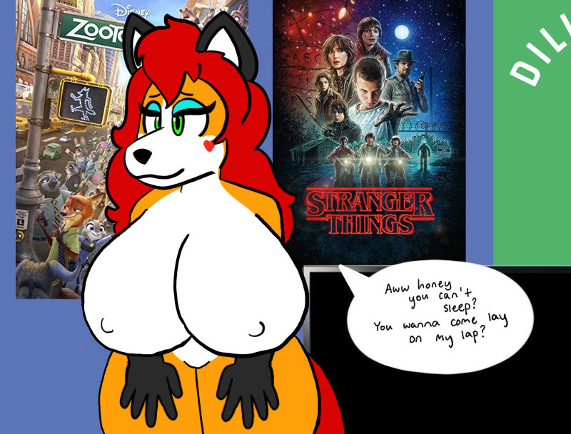 anthro bedroom big_breasts breasts female green_eyes hair huge_breasts hyper hyper_breasts motherly poster red_hair sleeping text wide_hips buttercollie superbabsy123 disney stranger_things zootopia aurora_spencer canid canine fox mammal english_text