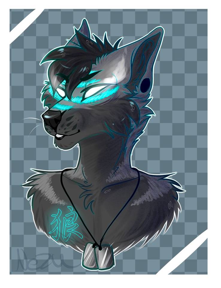 anthro cjk_character dog_tags empty_eyes glowing male neon solo nezuney raycoon canid canine canis mammal wolf bust_portrait portrait