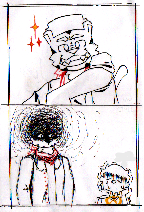 anthro aura bodily_fluids bow_tie button_(fastener) chest_fur duo ears_up long_sleeves looking_at_another male raised_tail scarf scribbles shaking shivering simple_clothing smile smiling_at_viewer snout sparkles sweat sweatdrop sweating_profusely tail htjz-jhon henry_(centertale) sanchez_(centertale) felid feline human humanoid mammal pantherine tiger