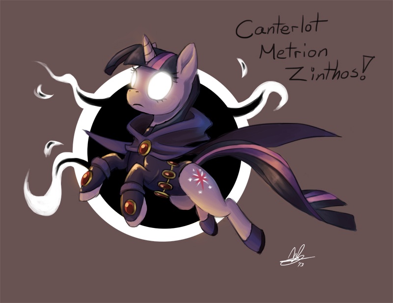 clothed clothing costume cutie_mark exclamation_point female feral glowing glowing_eyes hair horn magic multicolored_hair on_model parody pink_hair purple_hair quadruped solo tail text lanmana dc_comics hasbro my_little_pony mythology teen_titans raven_(dc) equid equine mammal mythological_creature mythological_equine unicorn crossover english_text