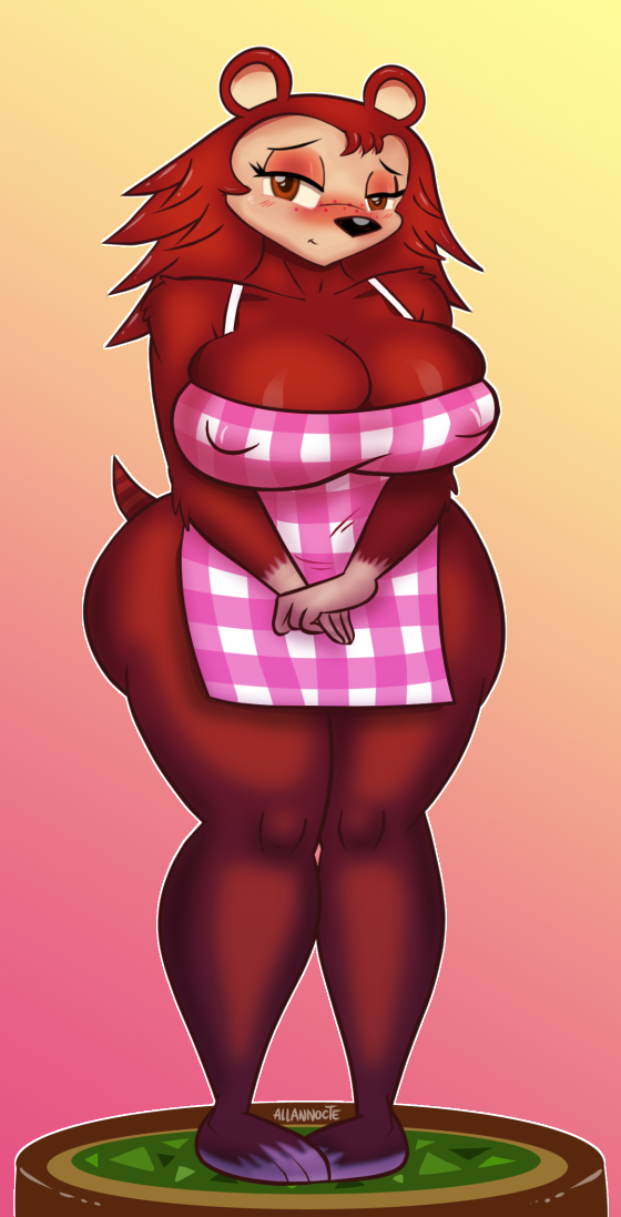 anthro apron blush breasts brown_body brown_fur character_miniature clothing eyelashes female fur gradient miniature_model shy simple_background slightly_chubby smile solo thick_thighs wide_hips allannocte amiibo animal_crossing nintendo sable_able eulipotyphlan hedgehog mammal 2017