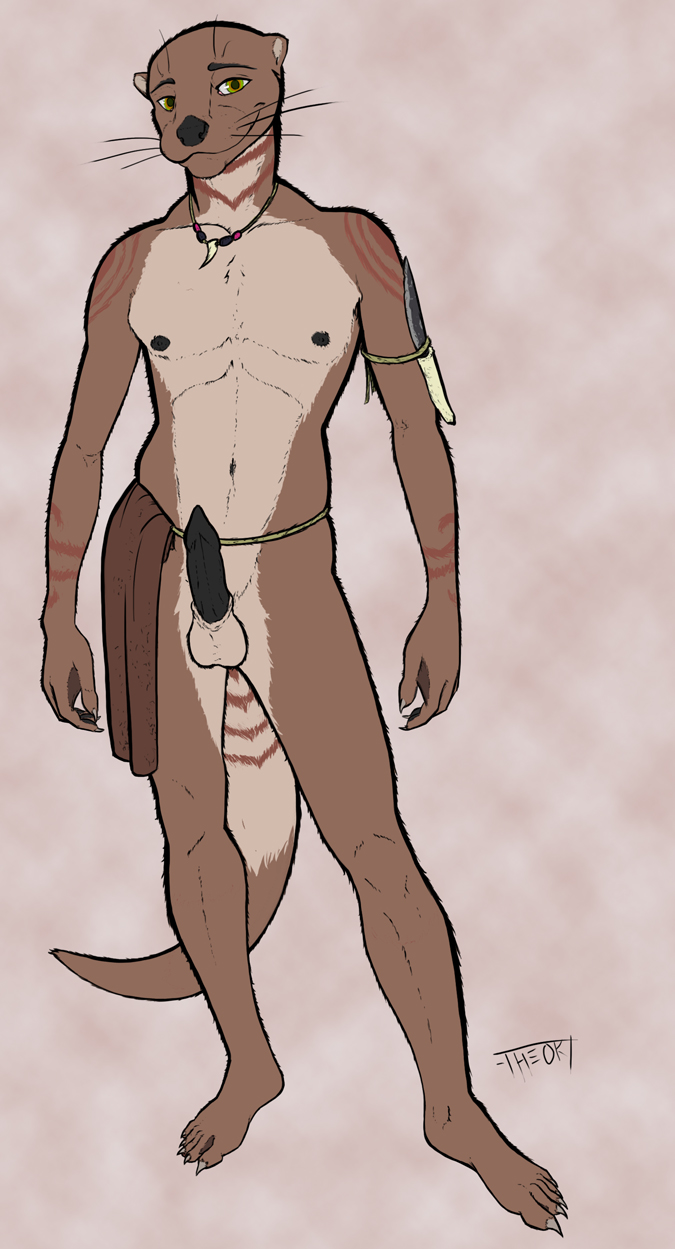 animal_genitalia anthro balls black_penis bottomwear clothed clothing crotch_apron erection genitals jewelry loincloth looking_at_viewer male markings mostly_nude nipples penis sheath simple_background smile solo topless tribal tribal_markings weapon negativetheory ket_lesh mammal mustelid otter digital_media_(artwork) full-length_portrait hi_res portrait