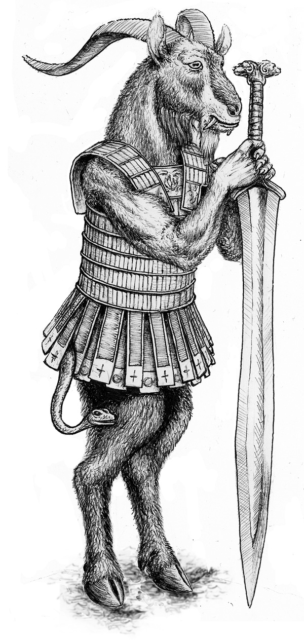 anthro armor facial_hair fangs fur hooves horn leaf_bladed_sword living_tail male melee_weapon simple_background snake_tail solo spatha sword tail teeth unusual_anatomy unusual_tail weapon white_background arkat-kingtrollkin glorantha bovid broo caprine goat hybrid mammal reptile scalie snake greyscale hi_res monochrome