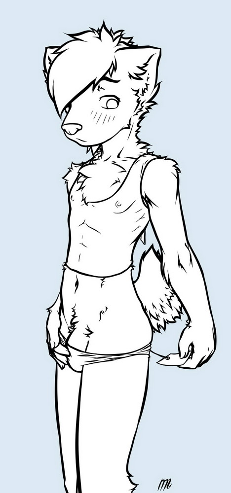 anthro blue_background bulge clothed clothing femboy genitals male navel nipples penis penis_base price_tag shirt simple_background skimpy slim solo speedo swimwear tank_top topwear young young_anthro young_male addickted canid canine canis mammal wolf line_art