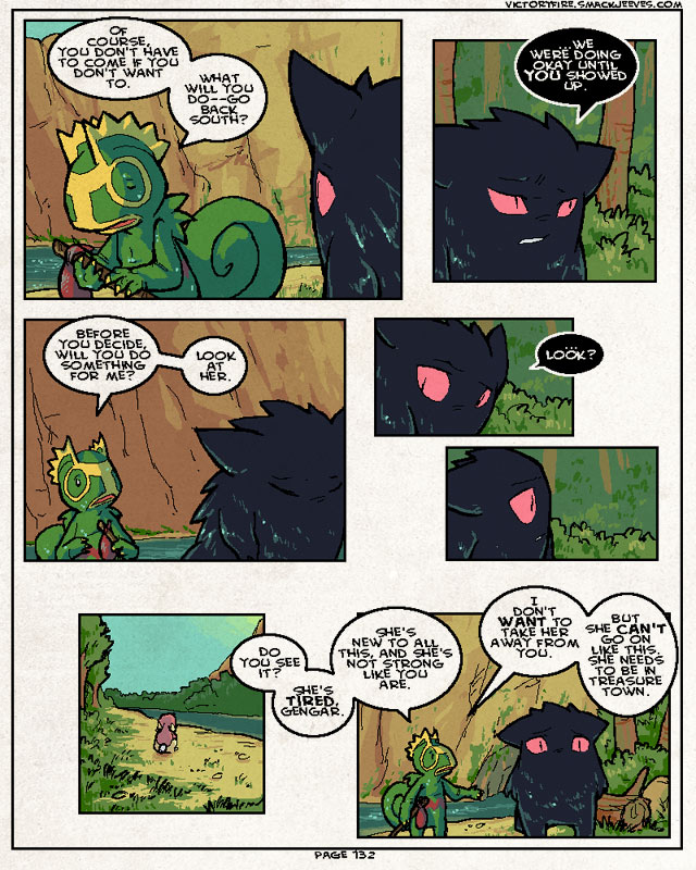 dialogue duo_focus female group male speech_bubble text water sulfurbunny_(artist) nintendo pokemon pokemon_mystery_dungeon pokemon_victory_fire spike_chunsoft jen_(vf) audino generation_1_pokemon generation_3_pokemon generation_5_pokemon gengar kecleon pokemon_(species) 4:5 comic english_text