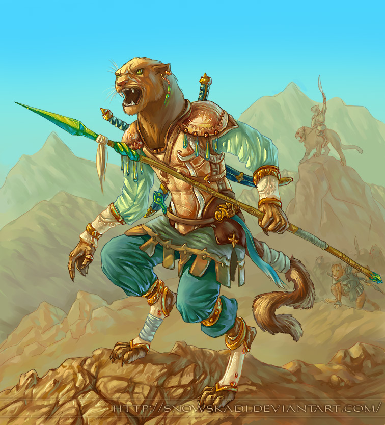 4_toes anthro brown_body brown_fur claws clothing desert_walker ear_piercing fangs feet fur green_eyes holding_object holding_weapon male melee_weapon piercing polearm ring solo spear tail teeth toe_claws toes weapon whiskers snowskadi microsoft the_elder_scrolls felid khajiit mammal