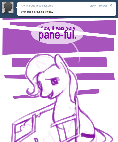 abstract_background cutie_mark female feral humor joke pun simple_background text window clorin_spats ask_pun hasbro my_little_pony tumblr fan_character pun_pony earth_pony equid equine horse mammal pony 2012 5:6 comic english_text source_request