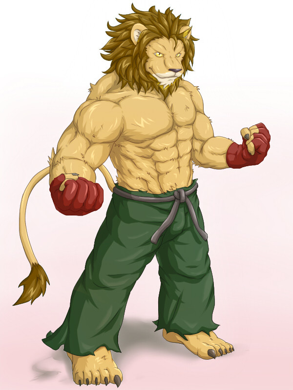 abs anthro belt biceps big_muscles bottomwear clothed clothing fingerless_gloves flexing fur gloves handwear male mane muscular muscular_anthro muscular_male pants pecs pose simple_background solo tail topless white_background yellow_eyes wildheit felid lion mammal pantherine 2010 3:4