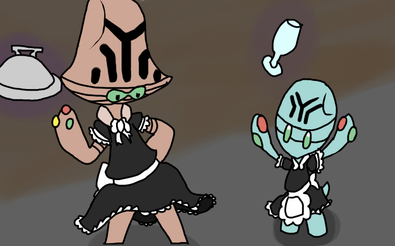 clothing duo female maid_uniform telekinesis uniform okuma nintendo pokemon alien beheeyem elgyem generation_5_pokemon pokemon_(species) 16:10 widescreen