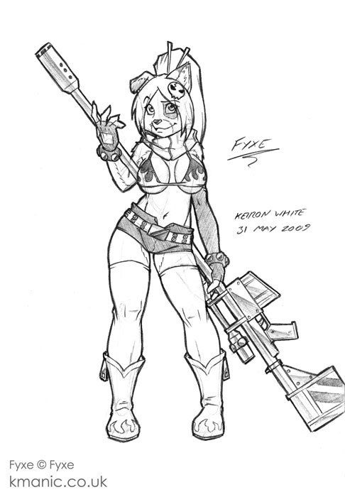 anthro big_breasts bikini bikini_top boots bottomwear breasts clothed clothing cosplay female fingerless_gloves footwear gloves handwear holding_object holding_weapon looking_at_viewer shoes shorts smile solo standing swimwear text two-piece_swimsuit weapon keiron_white tengen_toppa_gurren_lagann fyxe yoko_littner canid canine canis domestic_dog mammal 2009 monochrome url