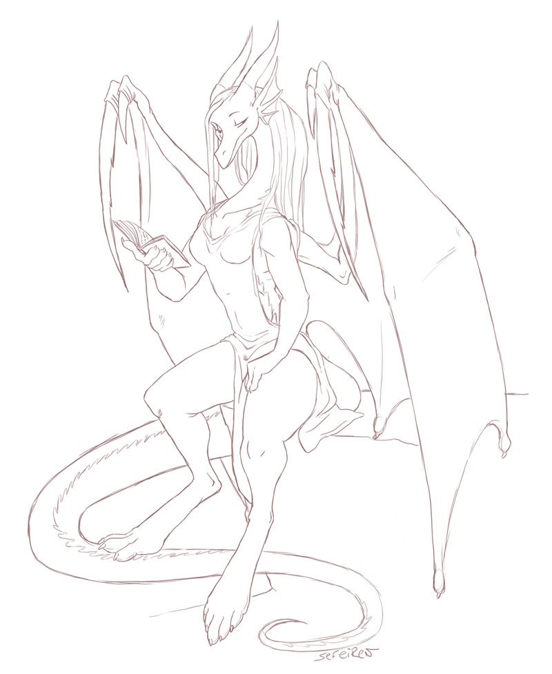 anthro biped book breasts clothed clothing digitigrade feet female frill_(anatomy) hair hindpaw horn membrane_(anatomy) membranous_frill membranous_wings non-mammal_breasts paws sitting solo tail wings conditional_dnp sefeiren mythology elektra dragon mythological_creature mythological_scalie scalie sketch