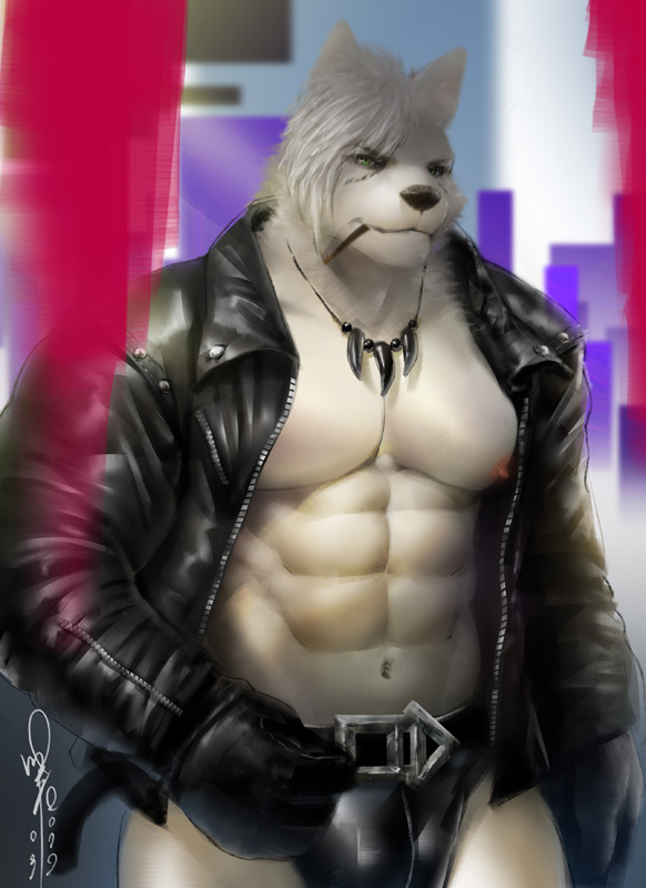 abs anthro belt black_nose clothed clothing food fur green_eyes hair jacket jewelry leather leather_clothing leather_jacket leather_topwear looking_at_viewer male muscular muscular_anthro muscular_male navel necklace nipples obliques open_clothing open_jacket open_topwear pink_nipples pose skimpy solo topwear white_body white_fur white_hair dalluwn pocky canid canine canis mammal wolf 2019 pinup