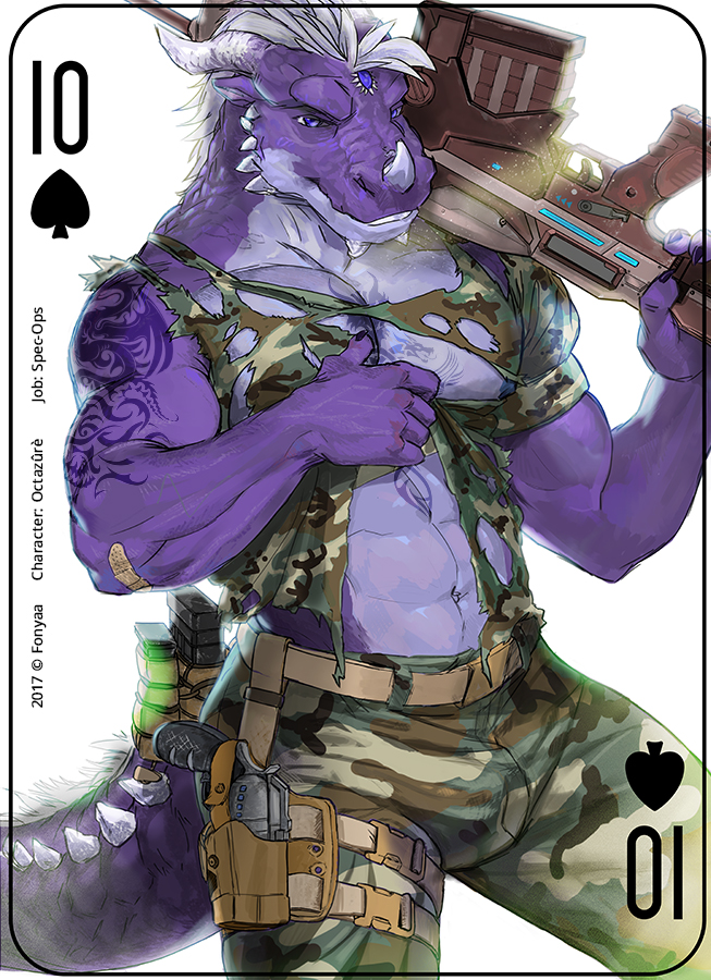 5_fingers abs anthro assault_rifle biceps blue_eyes card card_template clothed clothing copyright_symbol fingers gun hair handgun holding_gun holding_object holding_ranged_weapon holding_weapon horn male military muscular muscular_anthro muscular_male navel pecs playing_card playing_card_template ranged_weapon rifle simple_background smile solo spades_(suit) standing suit_symbol symbol tail tattoo ten_of_spades topless torn_clothing weapon fonyaa mythology dragon mythological_creature mythological_scalie scalie 2017 digital_media_(artwork)