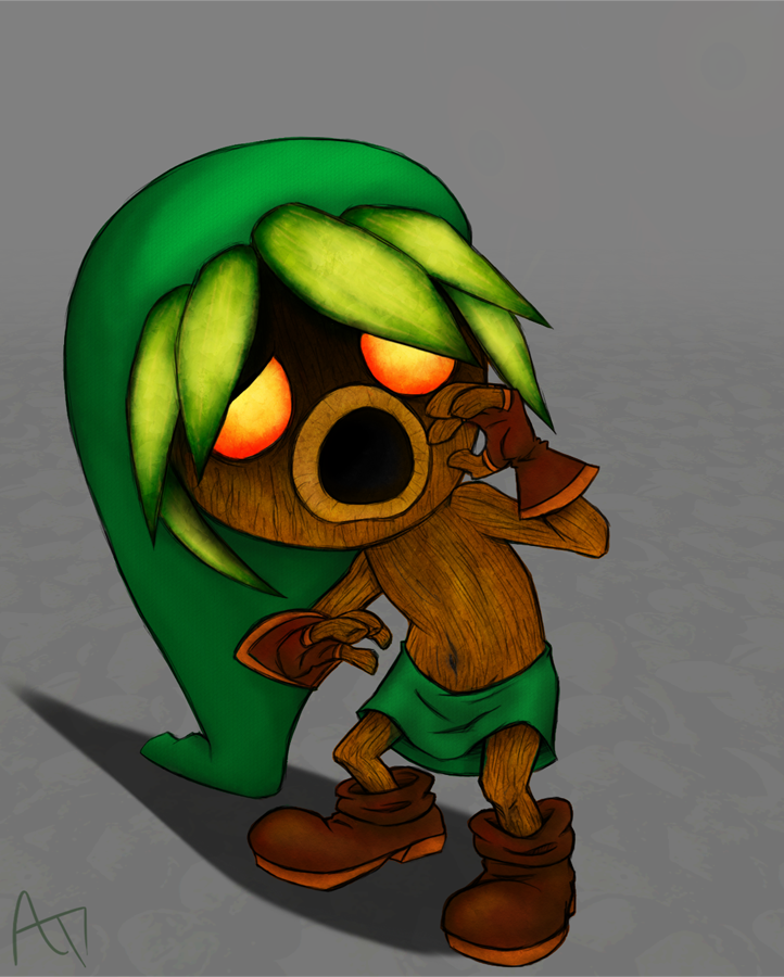 4_fingers boots brown_body clothed clothing fingerless_gloves fingers footwear gloves green_clothing green_hat green_headwear grey_background handwear hat headgear headwear looking_at_viewer male navel not_furry orange_eyes plant scared shirt shoes simple_background solo standing topless topwear tunic notfornothin majora's_mask nintendo the_legend_of_zelda deku_link deku_(tloz) deku_scrub elemental_creature elemental_humanoid flora_fauna humanoid plant_humanoid 2016 signature