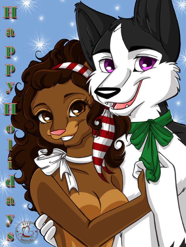 anthro breasts duo featureless_breasts female holidays male male/female nude smile kittmouri christmas canid canine canis domestic_dog felid lion mammal pantherine