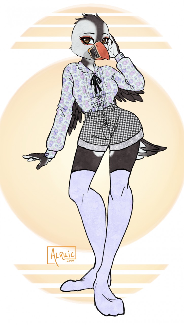 anthro beak clothed clothing female legwear looking_at_viewer simple_background solo standing thigh_highs wide_hips alruic pearl_(boolean) alcid atlantic_puffin avian bird lari puffin hi_res